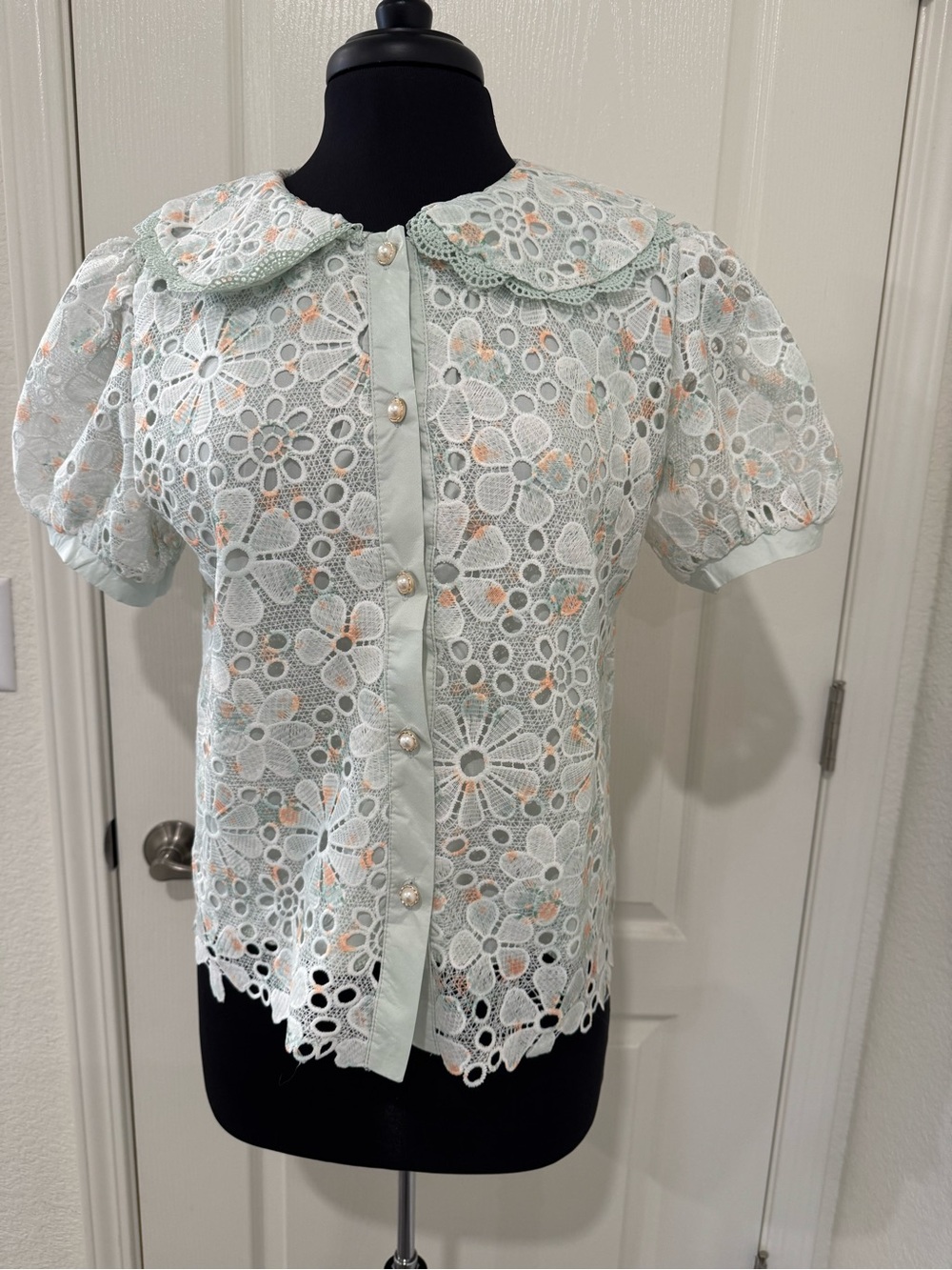 Mint Floral Lace Button-Up Top